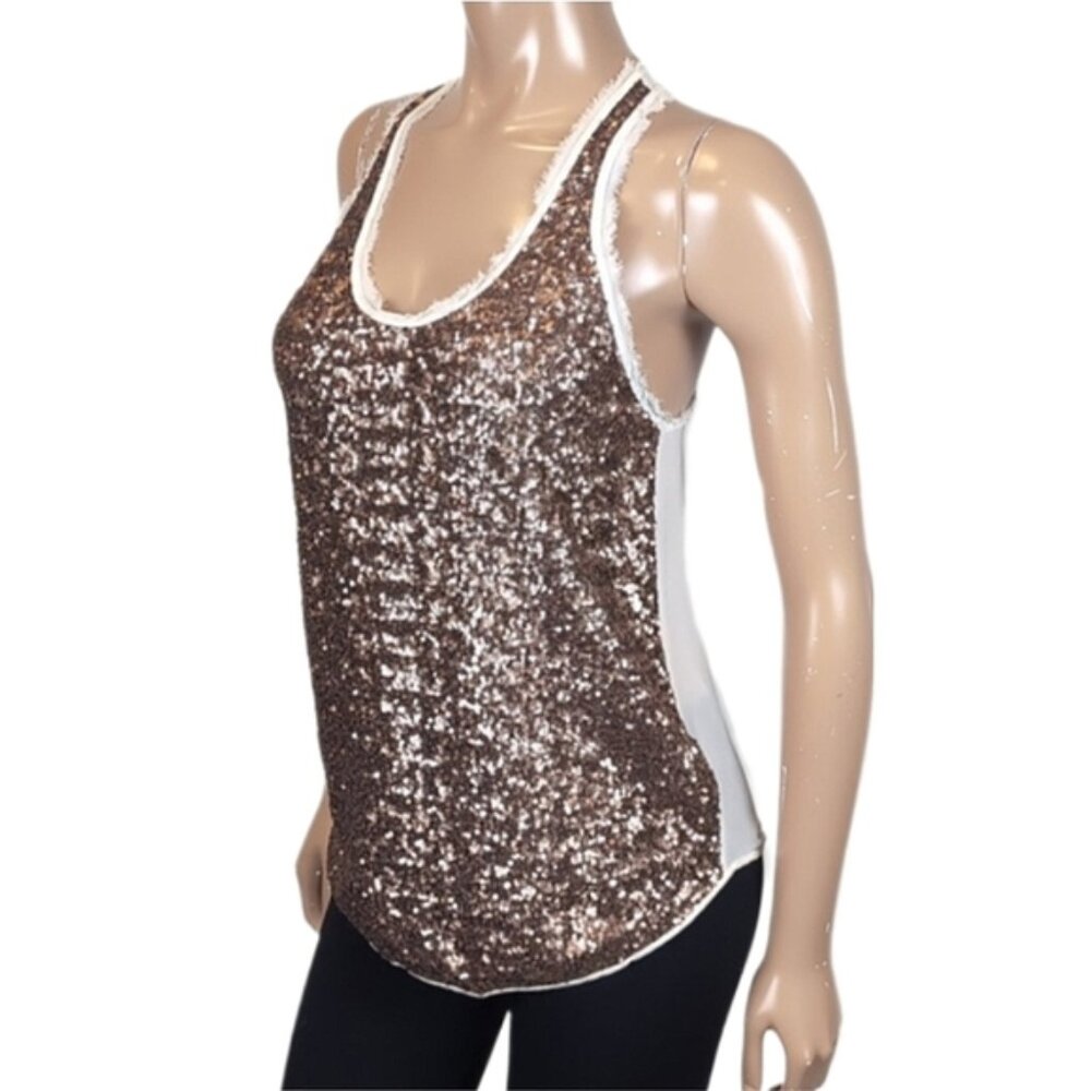 Aritzia Wilfred Silk Sequin Tank Top Fringe Trim Scoop Neck Racerback Bronze XS